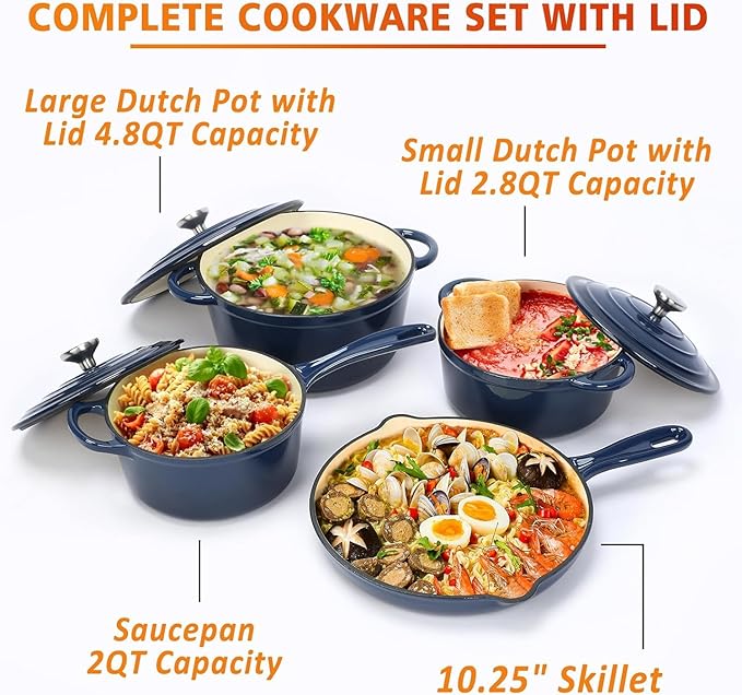 Hisencn Enameled Cast Iron Cookware Set - 7 Piece Dutch Ovens Set, Sauce Pan, Skillet, 3 Lids, Pots and Pans Set, Ceramic Coated Cast Iron, Heavy Duty, Gas/Induction Compatible, PFA Free