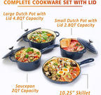 Hisencn Enameled Cast Iron Cookware Set - 7 Piece Dutch Ovens Set, Sauce Pan, Skillet, 3 Lids, Pots and Pans Set, Ceramic Coated Cast Iron, Heavy Duty, Gas/Induction Compatible, PFA Free