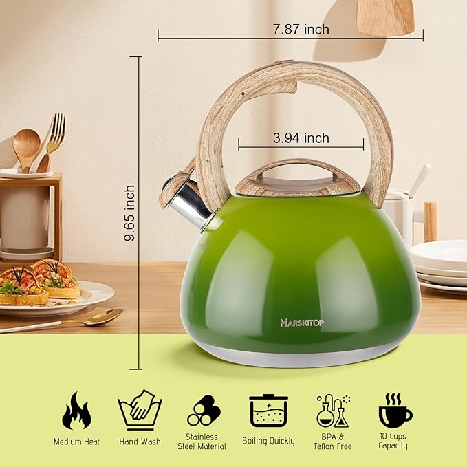 MARSKITOP Whistling Tea Kettle for Stove Top, 2.6 Quart Teapot for Stovetop, Stainless Steel Tea Pot for Stove with Wood Pattern Handle, Light Green