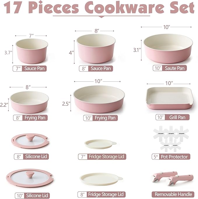 SENSARTE 17 Piece Ceramic Pots and Pans Set, Nonstick Detachable Handle Cookware, Induction Kitchen Cookware Set with Removable Handle, Dishwasher ＆ Oven Safe (Pink)
