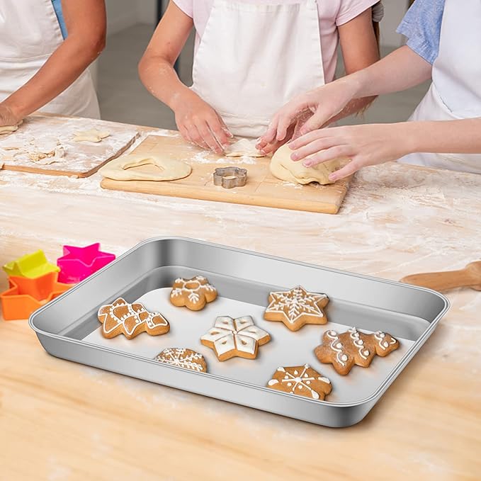 P&P CHEF 10.4 x 8 x 1 Inch Toaster Oven Pan with Grid Rack and Silicone Mat, Stainless Steel Toaster Oven Tray Baking Pan with Cooling Roasting Rack, Dishwasher Safe (3Pcs)