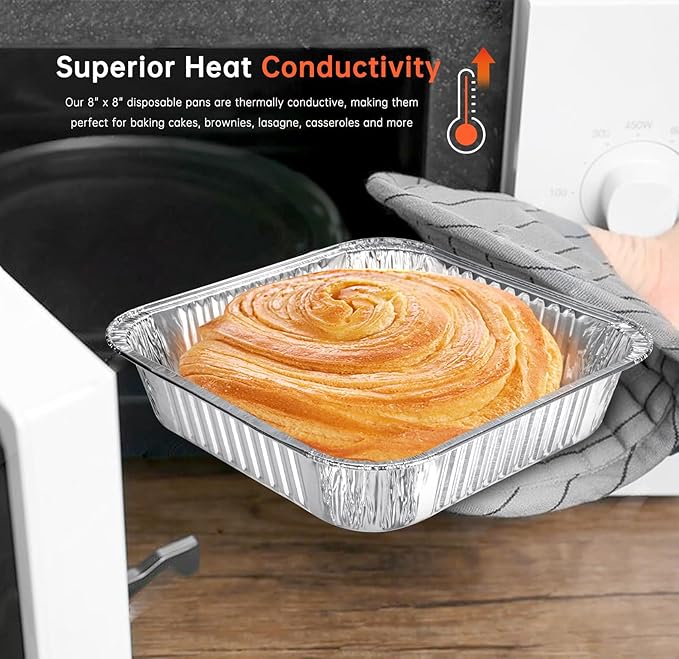 Aluminum Pans 8x8-10 Pack Disposable Foil Pans, Aluminum Roasting Trays for Holiday Cooking, Christmas, Parties Meal Prep, Storage, Heating and Baking