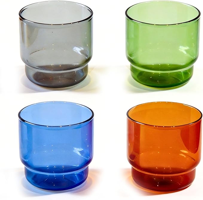 Double Old-Fashioned Glasses Set Of 4 10oz Stackable Borosilicate Glass Cups Retro Color for Wine Cocktails Mocktails Modern Barware Gift Small Bodega Glasses Dishwasher Safe