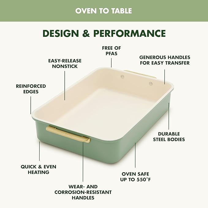 GreenPan Bakeware 13” x 9” Rectangular Cake Pan, Ceramic Nonstick Baking Pan, PFAS & BPA Free, Gold Handles, Durable Steel, Freezer to Oven Dish, Scratch Resistant, Bake & Roast Ovenware, Sage Green