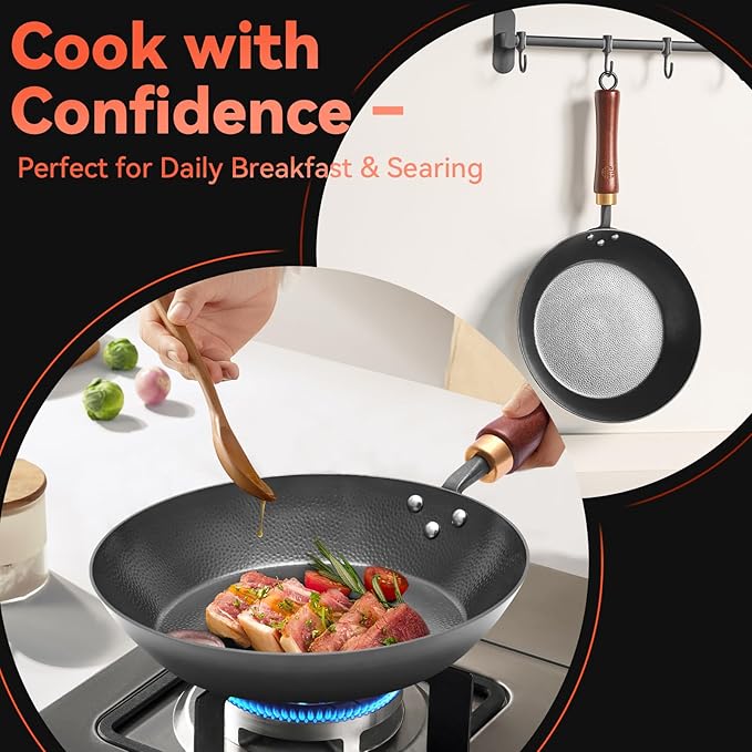 WANGYUANJI 10.2" Iron Skillet with Glass Lid & Spatula, Flat-Bottom Hand-Hammered Frying Pan, Uncoated & Unseasoned Small Iron Wok for Induction, Gas & Electric Stoves