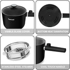 Topwit Hot Pot Electric with Steamer, 1.5L Ramen Cooker, Non-Stick Sauté Pan, Portable Cooking Pot, Electric Cooker with Dual Power Control, BPA Free, Over-Heating & Boil Dry Protection, Black