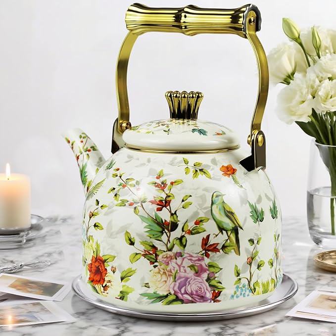 Vintage Enamel Tea Kettle, Birds Floral Pattern Stovetop Teapot with Gold Handle, 2.5L Enamel Kettle Kitchen Decor, Ideal Gift for Housewarming Camping Coffee Pot