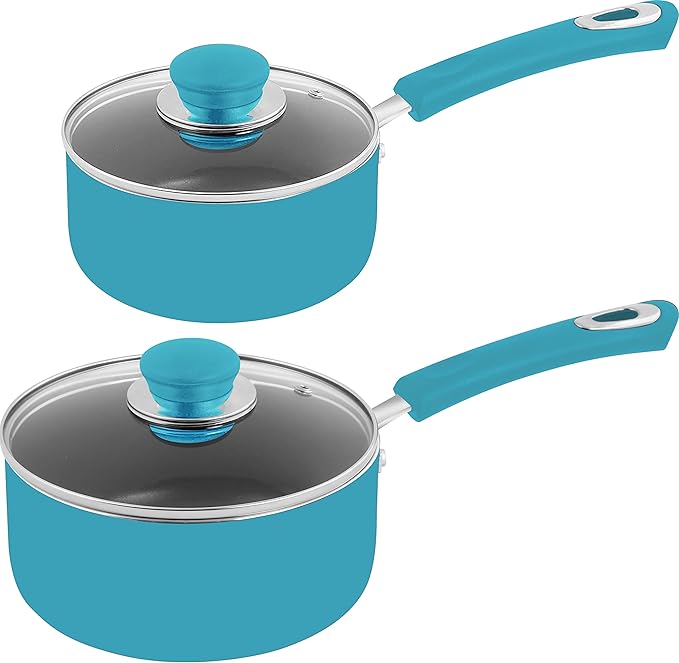 Utopia Kitchen Nonstick Stock Pot Saucepan Set with Lids, 1 Quart and 2 Quarts Multipurpose Stock Pots Set for Home, Kitchen or Restaurant, Turquoise & Black