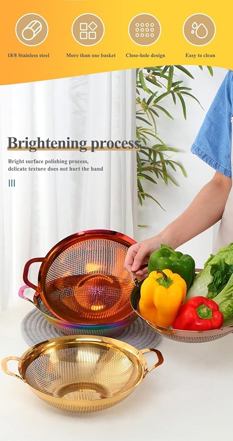 Stainless Steel Colander With Handle and Legs Drain Basket for Pasta, Spaghetti, Berry, Veggies, Fruits, Noodles, Salads, Fruit Colander Strainer Metal Rice Sieve Kitchen Utensils-Rainbow Color