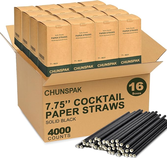 7.75 inch Disposable Black Paper Drinking Straws Bulk (Case of 4,000 ct.) - for Cocktail, Bars, Restaurants - Biodegradable