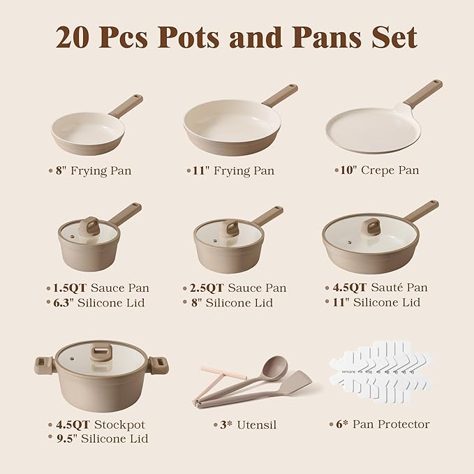 SENSARTE 20Pcs Pots and Pans Set Nonstick, Ceramic Cookware Set Non Stick, Non-toxic Healthy Kitchen Cooking Set, Induction Compatible, Dishwasher Safe, PFAS/PTFE/PFOA Free, TAUPE