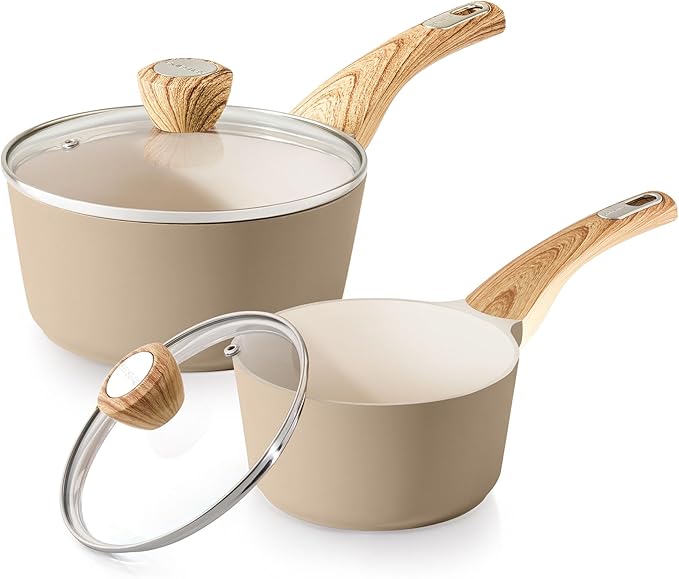 SENSARTE 1.5 & 2.5 Quart Ceramic Sauce Pan Sets with Lid, Cooking Pots Set, Nonstick Saucepan Set with Pour Spout, Small Kitchen Pot, Non toxic Saucepot, Induction Comptable, PFOA PTFE PFAS Free