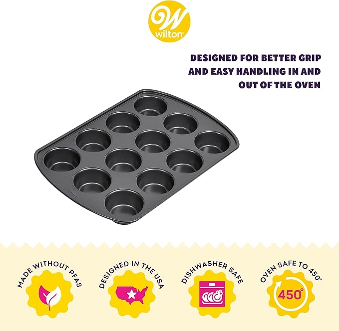 Wilton Gold Non-Stick Bakeware Muffin Pan - Baking Pan for Muffins & Cupcakes - Made Without PFAS, Dent Resistant & Dishwasher Friendly - Offers Even Heat Distribution - 10.5 x 15 x 2 Inches, 12 Cup