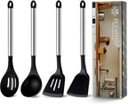 Pleafind 4-Pcs Silicone Cooking Utensils Set, Wok Utensils Set Include Wok Ladle, Slotted Spoon, Solid Spatula and Slotted Spatula, Silicone and Stainless Steel Kitchen Utensils, Dishwasher Safe