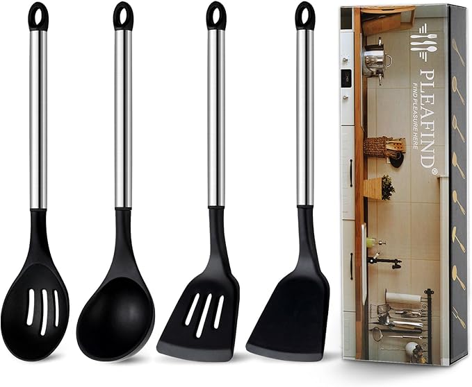 Pleafind 4-Pcs Silicone Cooking Utensils Set, Wok Utensils Set Include Wok Ladle, Slotted Spoon, Solid Spatula and Slotted Spatula, Silicone and Stainless Steel Kitchen Utensils, Dishwasher Safe