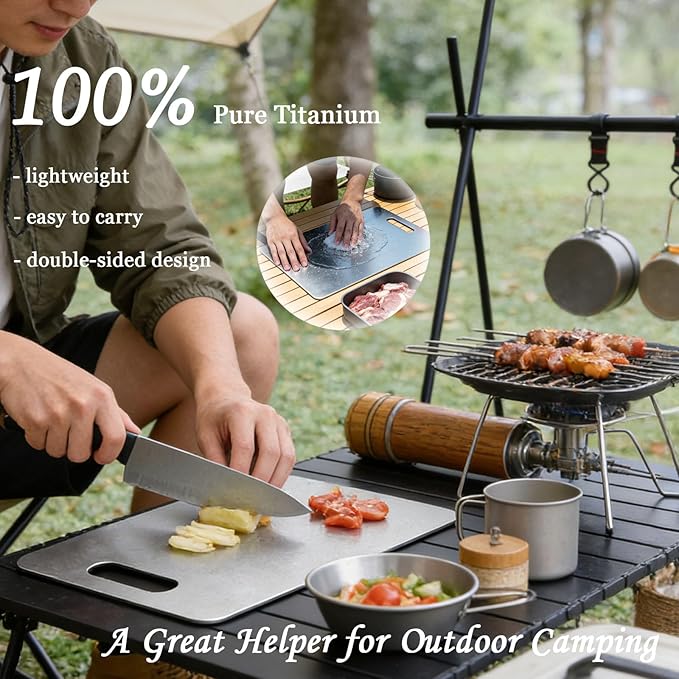 100% Pure Titanium Cutting Board Set of 2, Double-Sided Titanium Cutting Boards for Kitchen Dishwasher Safe, Camping Metal Charcuterie Chopping Board Mat for Meat, Fruit & Cheese (L+XL)