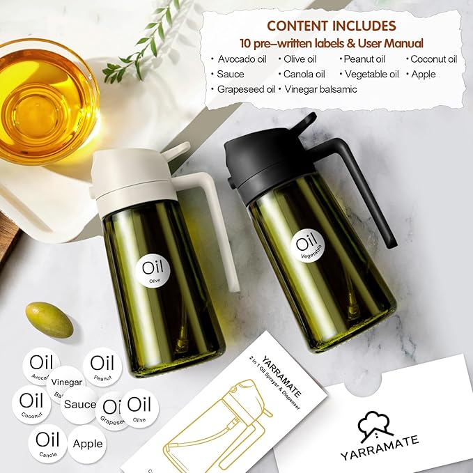 YARRAMATE 16oz/470ml Light-Blocking Dark Oil Sprayer for Cooking, 2 in 1 Olive Oil Dispenser Bottle for Kitchen, Premium Dark Green Glass Oil Bottle, Food-Grade Oil Mister for Air Fryer, BBQ (Black)