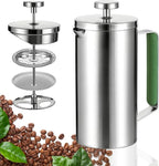 Stainless Steel French Press Coffee Maker 21OZ(0.6 Litre), Camping Coffee Press with Green Handle for Personal, Office, Travel(Sanding Silver, 1-3 Cups)