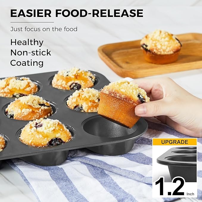 HONGBAKE Non-Stick Muffin Pans 12 Cup, Carbon steel Cupcake Pan for Baking, 2 Pack Non toxic Health Muffin tin -Dark Grey