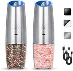 Rechargeable Electric Salt And Pepper Grinder Set, Automatic Gravity Electric Salt And Pepper Grinder Set, Adjustable Roughness, Led Light, 2 Pack, (Silver)
