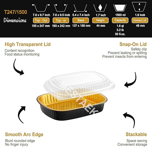Oval Aluminum Foil Pans with Snap-On Lids (5 Pack) – 2X Thicker Heavy Duty Black & Gold Disposable Trays for Catering, Takeout & Party Serving, 50oz
