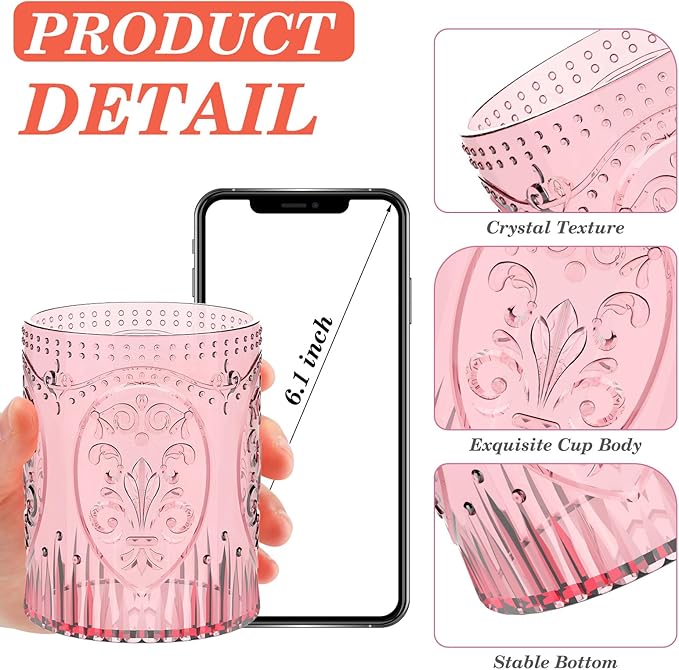 Qinyoung 48 Plastic Vintage Drinking Glasses 8.5oz Stemless Retro Embossed Wine Glasses Shatterproof Reusable Cups for Baby Shower Wedding Reception Grand Event Party (Pink)