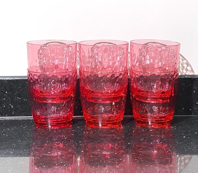 Set of 6 Hammered Style 15-ounce/430ml Acrylic Glasses Plastic Tumbler,BPA Free,Dishwasher Safe (Red)