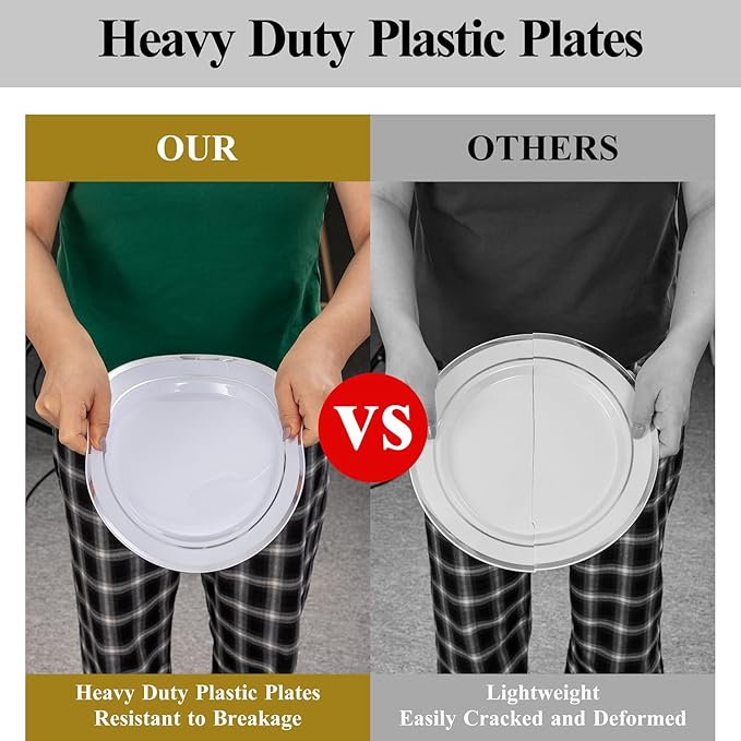 Goodluck 100PCS Silver Plastic Plates, 10.25 Inch Dinner Plate with Silver Rim, Heavy Duty Disposable Plastic Plates for Party, Wedding, Birthday & Daily Use