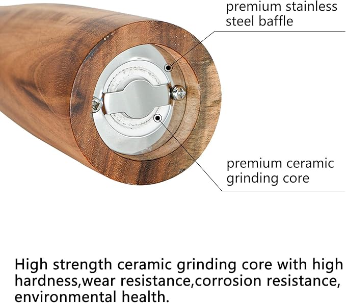 Wooden Salt and Pepper Grinder Set,Manual Salt and Pepper Mill,Acacia wood Salt Grinder Refillable,Pepper Mill with Adjustable Coarseness,Salt and Pepper Shakers Tableware Gifts 10" 2PCS
