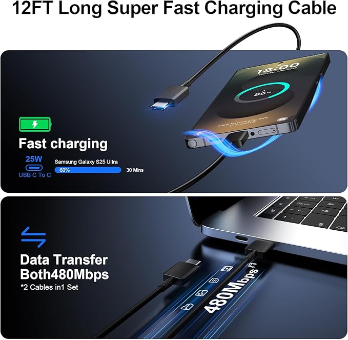 Super Fast Charger Type C, 25W USB C Wall Charger Fast Charging for Samsung Galaxy S25 Ultra/S25/S25+/S24+/S24 Ultra/S24/S24+/S23 Ultra/S22 Ultra/S21 Ultra with 12FT Long Type C Charger Cable 2Pack