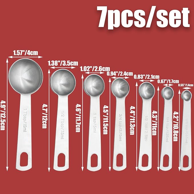 Luomorgo 7 Pcs/Set Measuring Spoons Set, Stainless Steel Measuring Spoons & Tablespoons, 1/8 tsp, 1/4 tsp, 1/2 tsp, 3/4 tsp, 1 tsp, 1/2 tbsp, 1 tbsp for Measuring Dry and Liquid Ingredients