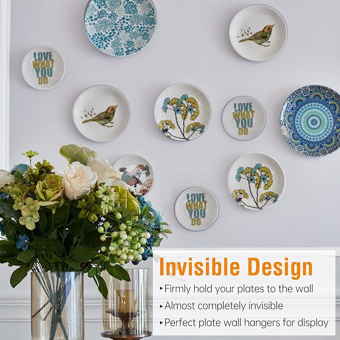 Bilillo 7 pcs Plate Hangers for The Wall, 4/6/8/10/12 Inch Invisible Plates Hangers, Stainless Steel Plate Wall Holders for Display Various Sizes with Hooks for Decorative