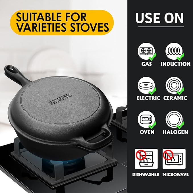 EDGING CASTING 2-in-1 Pre-Seasoned Cast Iron Dutch Oven Pot with Skillet Lid Set, 10" Skillet 3QT Pot for Cooking, Baking, Frying and Camping