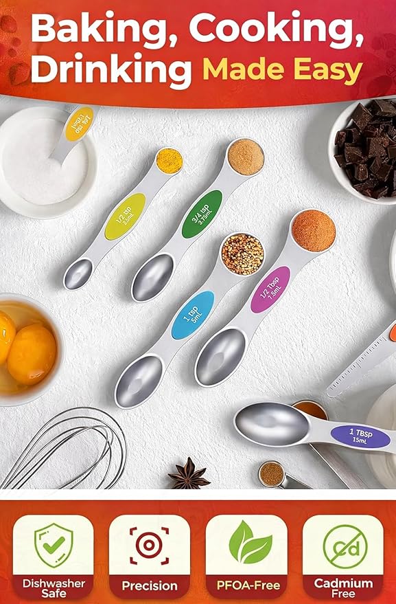 Premium Magnetic Measuring Spoons Set|Strong N52 Magnets|Heavy Duty Stainless Steel|Dual-Sided for Spice Jar & Liquid Measuring|Dishwasher Safe|7 Spoons with Leveler for Baking & Cooking (Colorful)