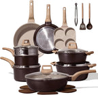 CAROTE 21 PCS Ceramic Cookware Set, Pots and Pans Set Non Stick, Pot and Pan Set with Frying Pan, Induction Ready Cooking Set for Kitchen, PFOS/PFOA/PFAS Free, Brown