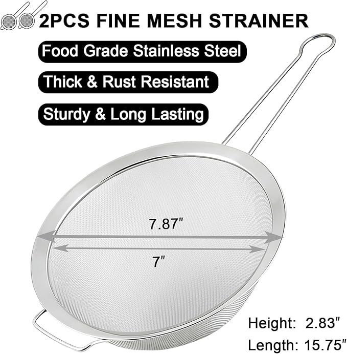 7.87" Fine Mesh Strainer Set with Sturdy Handle, Stainless Steel Sieve Flour Sifter, Kitchen Metal Colander for Rice, Quinoa, Pasta, Fruit, 2 Pack