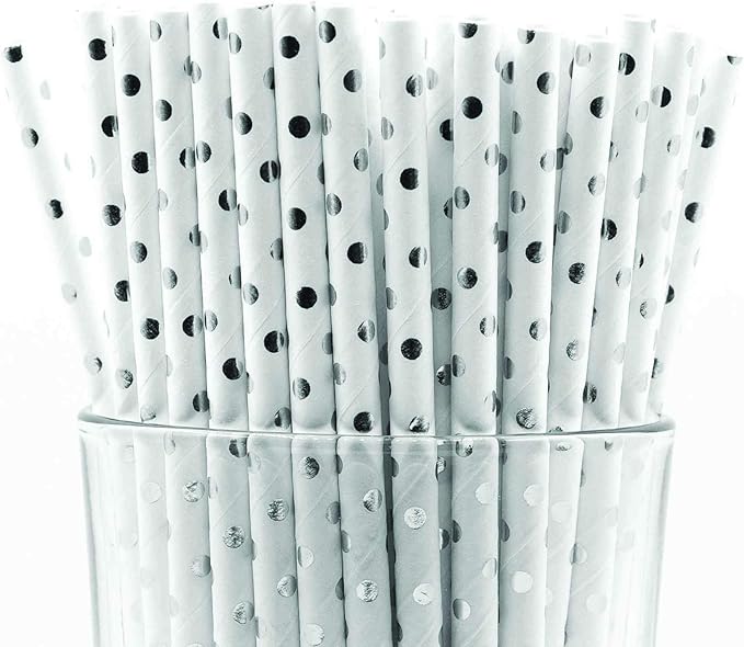 Pack of 300 Silver Polka Dot Foil Biodegradable 4-Ply Paper Drinking Straws (Compostable, Non-toxic, BPA-free)