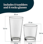 Libbey Flare Rocks, Glass Tumbler Set, Stylish Lead-Free Drinking Glasses Set of 16, Dishwasher-Safe Glass Cups Set for Daily Use and Parties