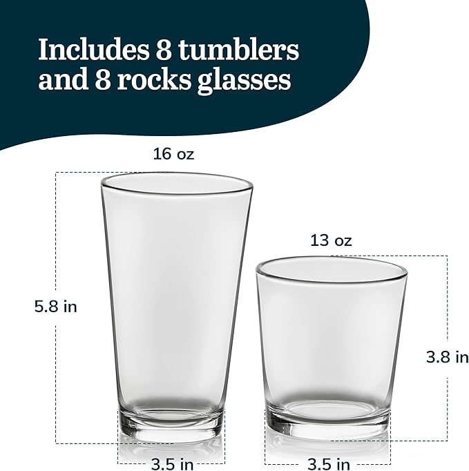 Libbey Flare Rocks, Glass Tumbler Set, Stylish Lead-Free Drinking Glasses Set of 16, Dishwasher-Safe Glass Cups Set for Daily Use and Parties