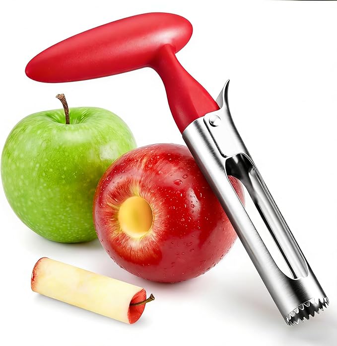 Premium Apple Corer Tool - Ergonomic Non-Slip Handle and Sharp Serrated Blades, Food-Grade Stainless Steel Fruit Core Remover, Kitchen tools for Apples, Pears, Bell Peppers and More, Red