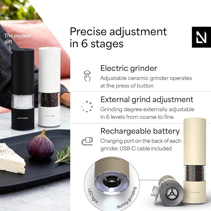 LARS NYSØM Electric Salt and Pepper Grinder Set I Automatic Salt and Pepper Mills with Adjustable Ceramic Grinder I USB Rechargeable Electric Spice Mill Set with LED Light (Brown/Beige)