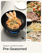 Carbon Steel Wok Pan - 11.8 Inch Pre-Seasoned Flat Bottom Chinese Woks & Stir Fry Pans with Lid, Lightweight Kitchen Cookware for All Stovetops, Gas, Electric, Gift for Women/Mom with Spatula Spoon