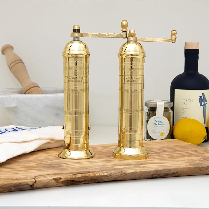 Alexander Home Original Greek Pepper Mill, 9-Inch Brass – European Manual Pepper Grinder, Refillable, with Polishing Cloth