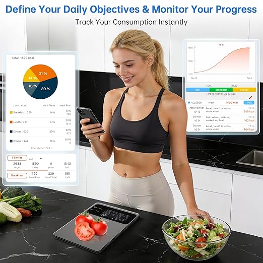 Smart Food Kitchen Scale with Nutritional Calculator, 30 Nutrients App for Tracking Calories, Fat, Carbs & Protein, Personal Goals and Daily Reports, On-Screen Nutrient Info, 22lb/10Kg