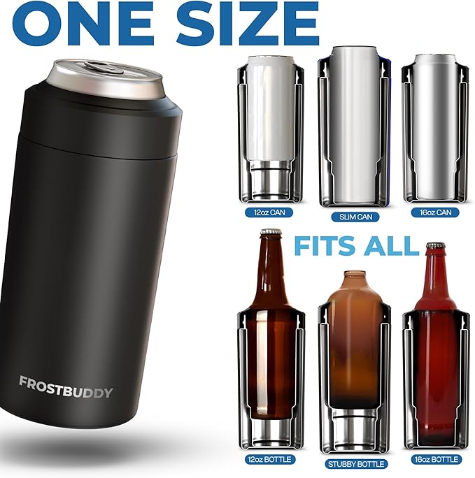 Frost Buddy Universal Can Cooler - Fits all - Stainless Steel Can Cooler for 12 oz & 16 oz Regular or Slim Cans & Bottles - Stainless Steel