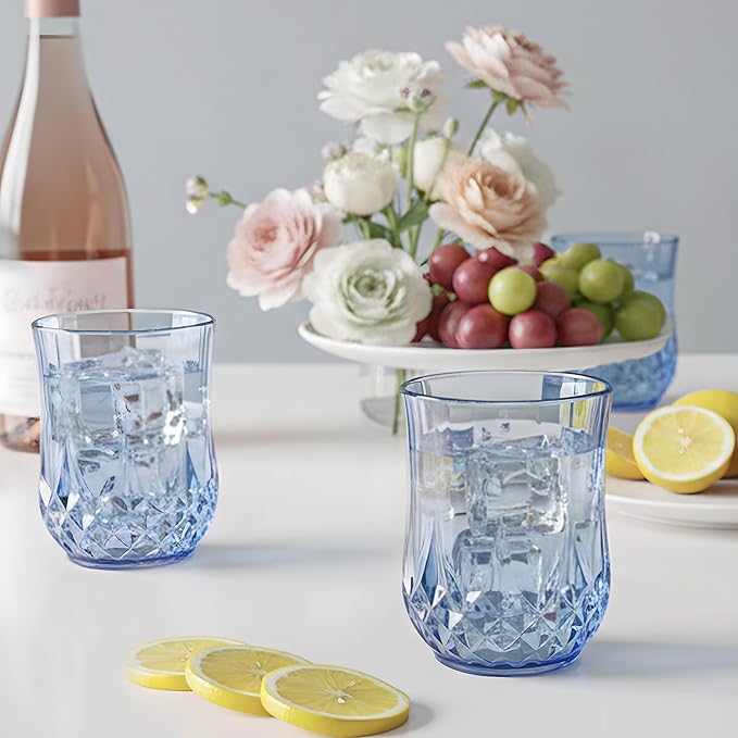12 Pack Plastic Stemless Wine Glasses,12oz Unbreakable Vintage Elegant Drinking Glass Set,Reusable Fancy Cocktail Cups for Party, Wedding, and Bulk Events (12, 12oz-Blue)