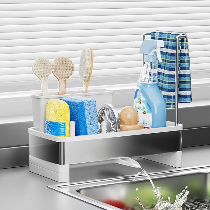 Ewaiira Stainless Steel Sink Caddy, Sponge Holder for Kitchen Sink with Brush Holder & Dishcloth Rack, Rustproof Organizer Countertop, Soap Dispenser Kitchen Organizers Storage Essentials, White 9.8″