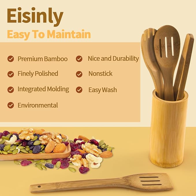 Eisinly Wooden Spoons for Cooking 7-Piece, Kitchen Nonstick Bamboo Cooking Utensils Set, Carbonized Bamboo Durability Spatula Spoon for Everyday Use