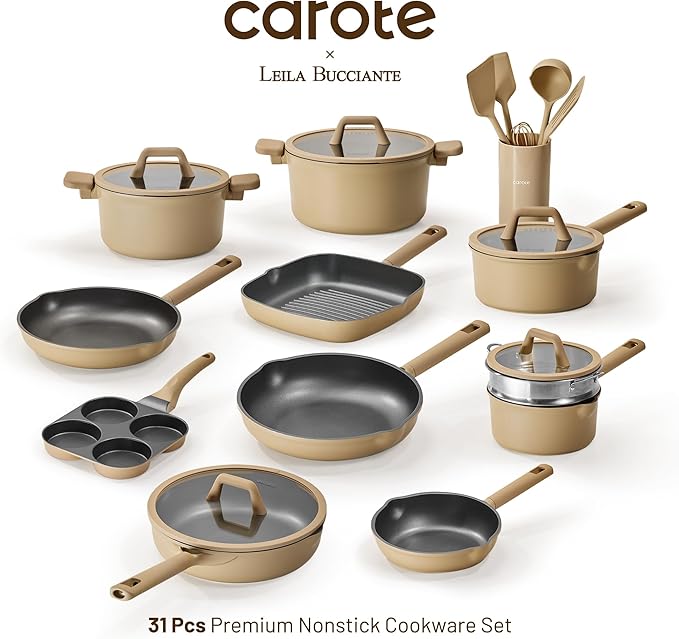 CAROTE 31PCS Pots and Pans Set, Nonstick Cookware Set Kitchen Non Stick Induction Titanium Cookware Non-toxic Granite Cooking set, PFOA Free