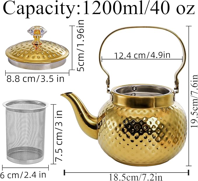 Coloch Teapot with Removable Infuser, 40 Oz(1200ml) Stainless Steel Tea Kettle Antique Style Coffee Pot Stovetop Teapot for Loose Leaf Tea, Tea Bag, Golden